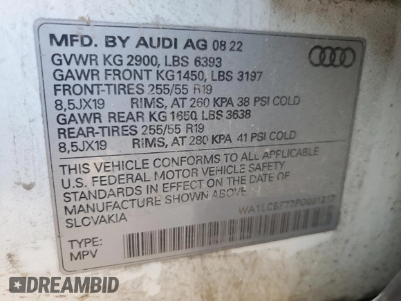 2023 Audi Q7 Premium Plus with VIN WA1LCBF77PD001213, listed as a Copart auction lot 50259205 with 33,072 mi miles and Salvage title. Bid and sale history available at DreamBid. Image 12.