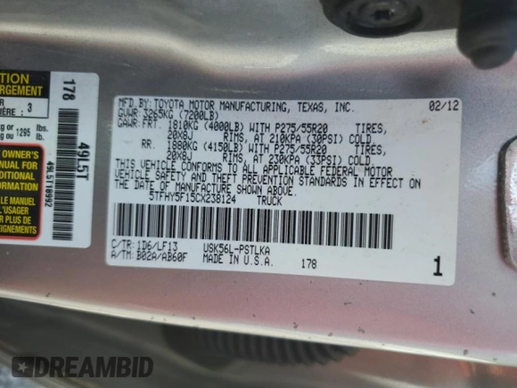 2012 Toyota Tundra 4WD Truck LTD with VIN 5TFHY5F15CX238124, listed as a Copart auction lot 69297994 with 165,591 mi miles and Salvage Title. Bid and sale history available at carsss.com. Image 12.