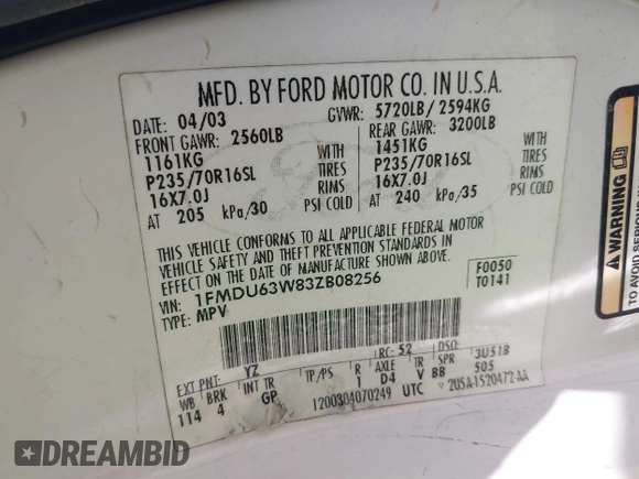 2003 Ford Explorer XLT с VIN 1FMDU63W83ZB08256, выставлен на аукционе IAAI как лот 42015597 с пробегом 248 856 миль миль и . История ставок и продаж доступна на DreamBid. Изображение 9.
