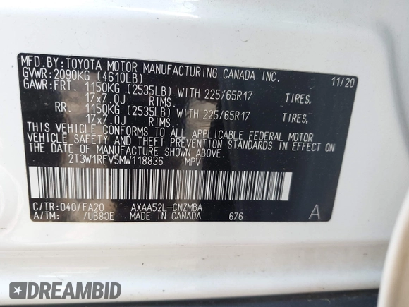 2021 Toyota RAV4 XLE z VIN 2T3W1RFV5MW118836, wystawiony jako IAAI lot #42031596 z przebiegiem 56 712 mil mil oraz . Historia ofert i sprzedaży dostępna na DreamBid. Obrazek 9.