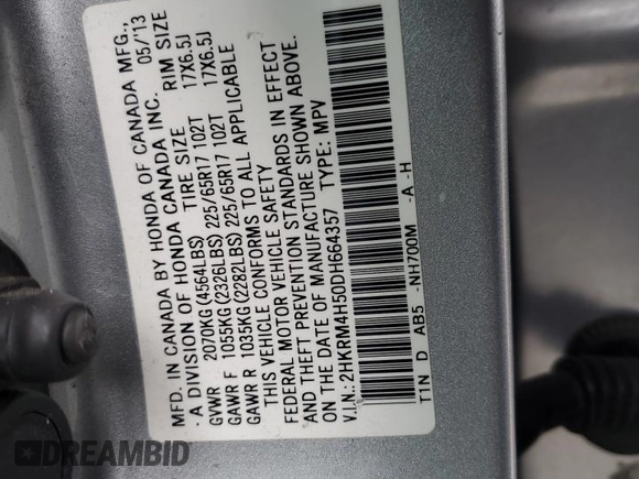 2013 Honda CR-V EX with VIN 2HKRM4H50DH664357, listed as a Copart auction lot 47644285 with 189,523 mi miles and Salvage Title. Bid and sale history available at carsss.com. Image 13.