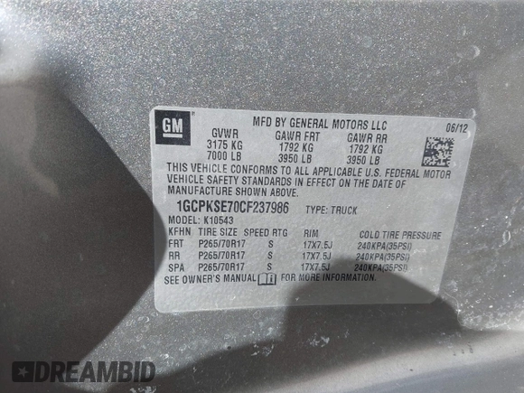 2012 Chevrolet Silverado 1500 LT with VIN 1GCPKSE70CF237986, listed as a IAAI auction lot 41865299 with 130,103 mi miles and . Bid and sale history available at DreamBid. Image 9.