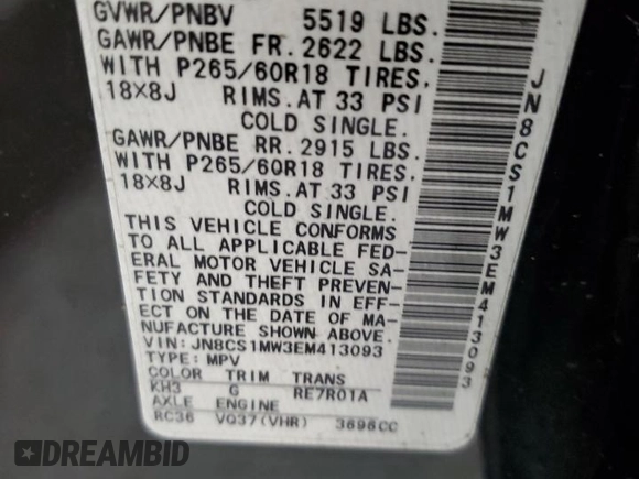 2014 Infiniti QX70 with VIN JN8CS1MW3EM413093, listed as a Copart auction lot 44106705 with 106,511 mi miles and Salvage title. Bid and sale history available at DreamBid. Image 14.