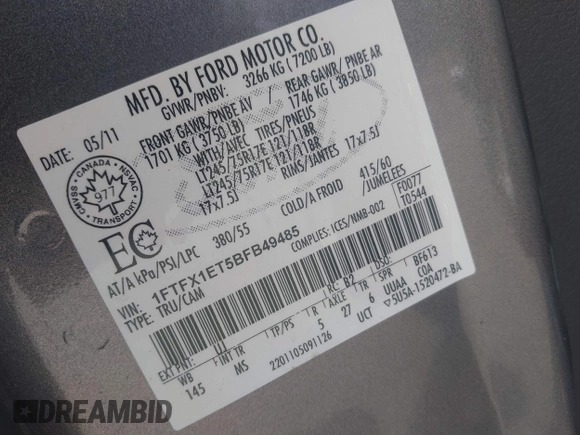 2011 Ford F-150 XL with VIN 1FTFX1ET5BFB49485, listed as a IAAI auction lot 42074270 with 206,090 mi miles. Bid and sale history available at carsss.com. Image 9.