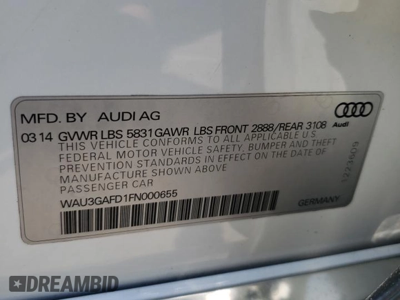 2015 Audi A8 3.0T with VIN WAU3GAFD1FN000655, listed as a Copart auction lot 52792305 with 133,387 mi miles and Salvage Title. Bid and sale history available at DreamBid. Image 14.