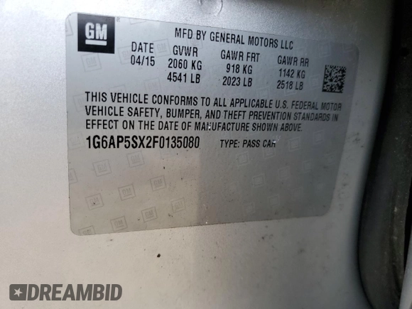 2015 Cadillac CTS RWD with VIN 1G6AP5SX2F0135080, listed as a Copart auction lot 85827504 with 95,287 mi miles and Salvage title. Bid and sale history available at DreamBid. Image 15.