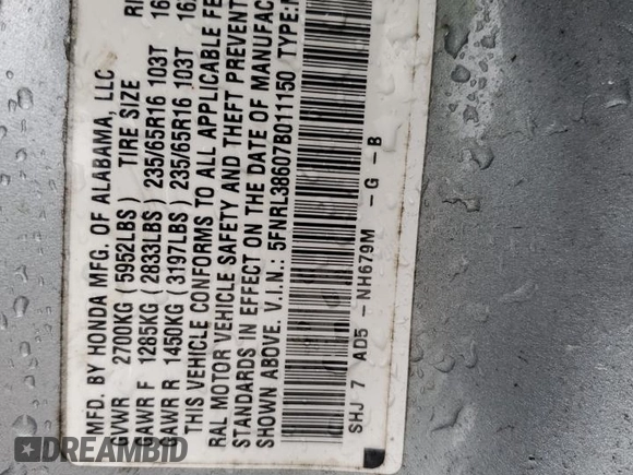 2007 Honda Odyssey EX-L with VIN 5FNRL38607B011150, listed as a Copart auction lot 51811195 with 218,189 mi miles and Salvage Title. Bid and sale history available at carsss.com. Image 13.