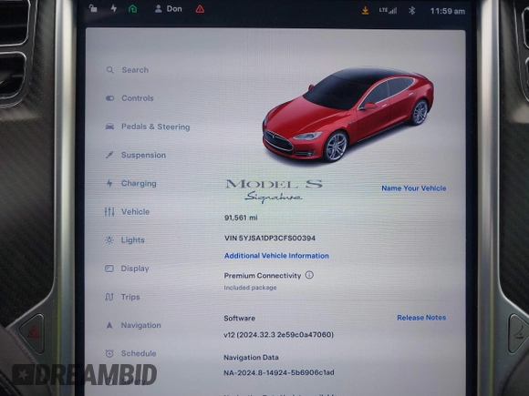2012 Tesla Model S Performance with VIN 5YJSA1DP3CFS00394, listed as a IAAI auction lot 41309464 with 91,561 mi miles and . Bid and sale history available at DreamBid. Image 7.