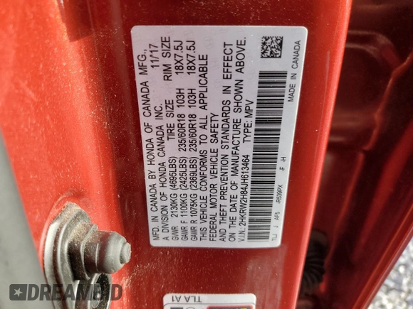 2018 Honda CR-V EX-L with VIN 2HKRW2H84JH613464, listed as a Copart auction lot 53984255 with 55,494 mi miles and Salvage Title. Bid and sale history available at carsss.com. Image 14.