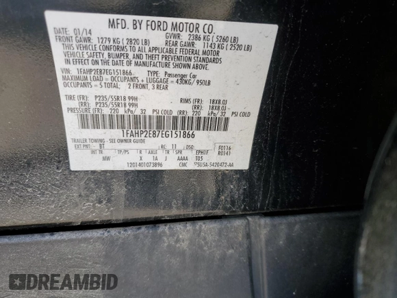 2014 Ford Taurus SEL with VIN 1FAHP2E87EG151866, listed as a Copart auction lot 52692965 with 201,680 mi miles and Clean Title. Bid and sale history available at DreamBid. Image 12.