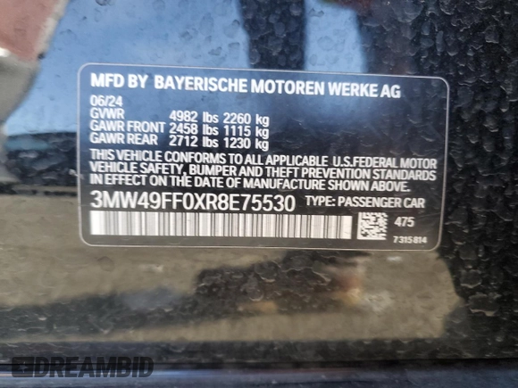 2024 BMW 3 Series M340i xDrive with VIN 3MW49FF0XR8E75530, listed as a Copart auction lot 46373175 with 0 mi miles and Salvage Title. Bid and sale history available at carsss.com. Image 12.