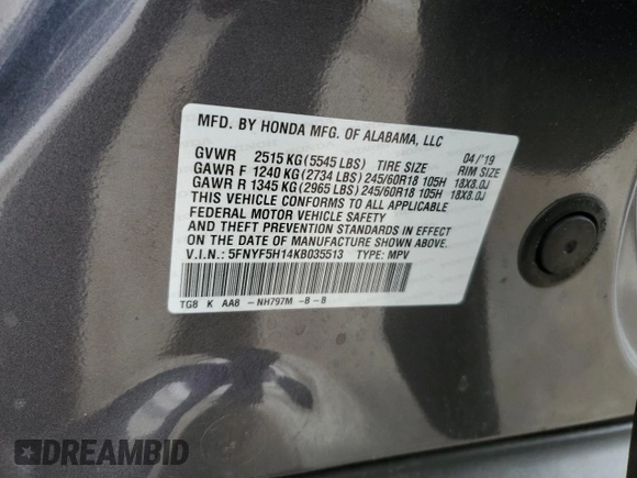 2019 Honda Pilot LX with VIN 5FNYF5H14KB035513, listed as a Copart auction lot 45879025 with 70,124 mi miles and Salvage Title. Bid and sale history available at DreamBid. Image 15.