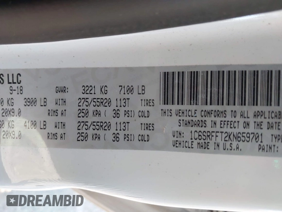 2019 Ram 1500 Big Horn z VIN 1C6SRFFT2KN659701, wystawiony jako IAAI lot #42051736 z przebiegiem 165 542 mil mil oraz . Historia ofert i sprzedaży dostępna na DreamBid. Obrazek 9.