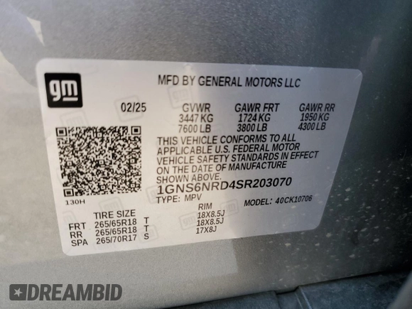 2025 Chevrolet Tahoe LT with VIN 1GNS6NRD4SR203070, listed as a Copart auction lot 64759895 with Not provided miles and Clean title. Bid and sale history available at DreamBid. Image 13.