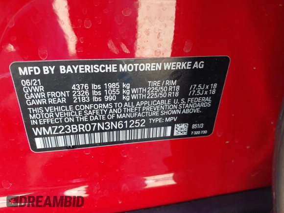 2022 MINI Countryman Oxford Edition with VIN WMZ23BR07N3N61252, listed as a IAAI auction lot 41482880 with 46,419 mi miles and . Bid and sale history available at DreamBid. Image 9.