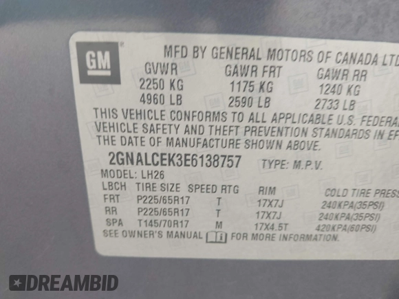 2014 Chevrolet Equinox LT with VIN 2GNALCEK3E6138757, listed as a IAAI auction lot 42050997 with 172,553 mi miles. Bid and sale history available at carsss.com. Image 9.