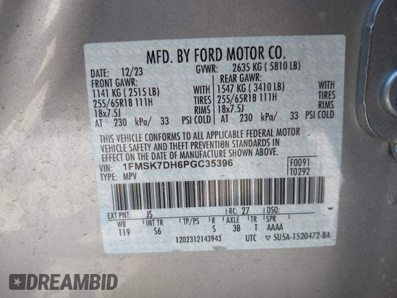 2023 Ford Explorer XLT with VIN 1FMSK7DH6PGC35396, listed as a IAAI auction lot 42545580 with 22,628 mi miles and . Bid and sale history available at DreamBid. Image 9.