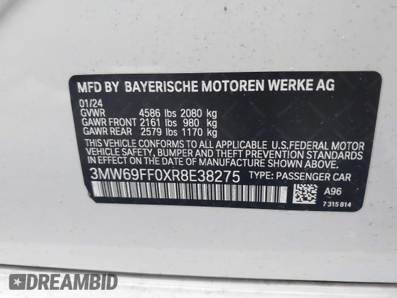 2024 BMW 3 Series 330i with VIN 3MW69FF0XR8E38275, listed as a IAAI auction lot 42646598 with 39,015 mi miles and . Bid and sale history available at DreamBid. Image 9.
