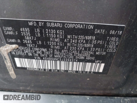2018 Subaru Outback Limited with VIN 4S4BSANC3J3394374, listed as a IAAI auction lot 42361704 with 119,586 mi miles and . Bid and sale history available at DreamBid. Image 9.