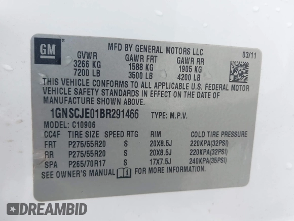 2011 Chevrolet Suburban LT with VIN 1GNSCJE01BR291466, listed as a IAAI auction lot 41800799 with 232,542 mi miles. Bid and sale history available at carsss.com. Image 9.