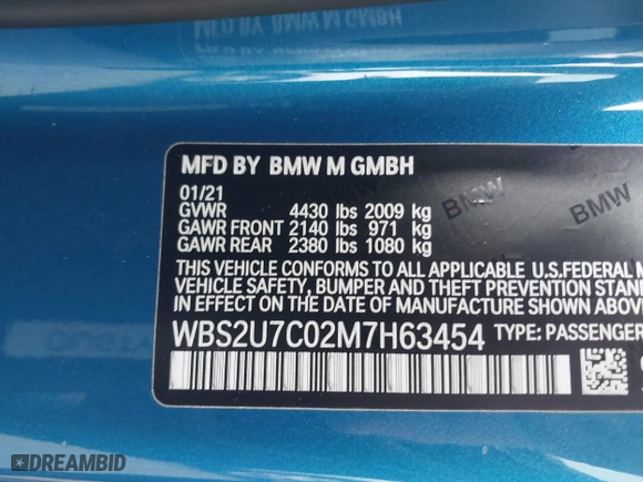 2021 BMW M2 Competition with VIN WBS2U7C02M7H63454, listed as a IAAI auction lot 41063808 with 15,047 mi miles. Bid and sale history available at carsss.com. Image 9.