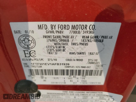 2010 Ford F-150 XL с VIN 1FTFW1EV1AFB31939, выставлен на аукционе Copart как лот 60369155 с пробегом 135 538 миль миль и Списание • Salvage title. История ставок и продаж доступна на DreamBid. Изображение 12.
