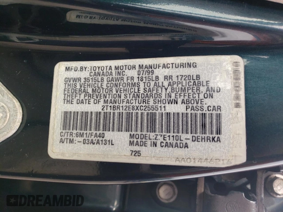 1999 Toyota Corolla VE with VIN 2T1BR12E8XC255511, listed as a Copart auction lot 55388585 with 81,645 mi miles and Salvage title. Bid and sale history available at DreamBid. Image 14.