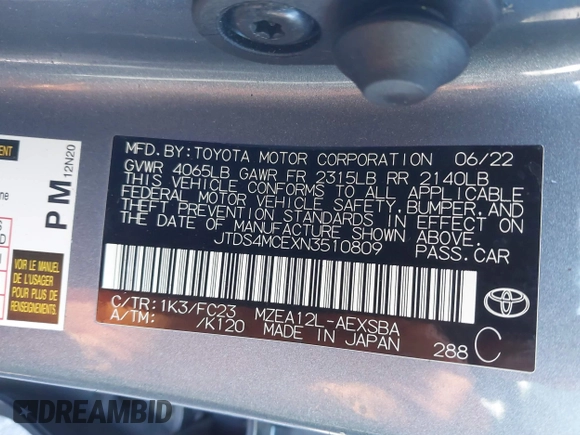 2022 Toyota Corolla SE with VIN JTDS4MCEXN3510809, listed as a IAAI auction lot 41560399 with 1 mi miles. Bid and sale history available at carsss.com. Image 9.
