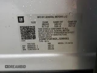 2020 Chevrolet Traverse LT Cloth with VIN 1GNEVGKW2LJ199561, listed as a Copart auction lot 66711394 with 0 mi miles and Salvage Title. Bid and sale history available at carsss.com. Image 13.