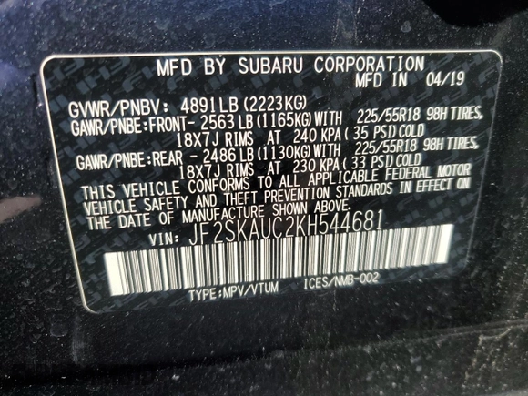 2019 Subaru Forester Limited with VIN JF2SKAUC2KH544681, listed as a Copart auction lot 47820625 with 0 mi miles and Salvage Title. Bid and sale history available at carsss.com. Image 13.