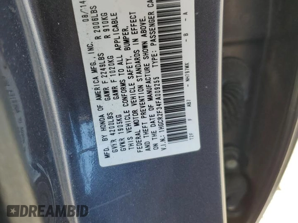 2015 Honda Accord Sedan LX with VIN 1HGCR2F34FA009255, listed as a Copart auction lot 46660595 with 210,843 mi miles and Salvage Title. Bid and sale history available at carsss.com. Image 13.