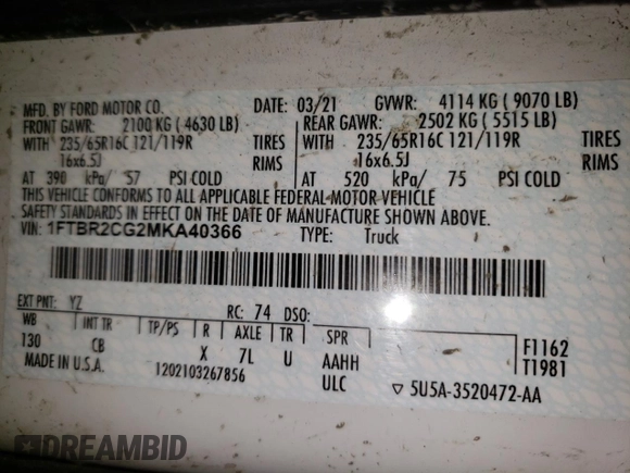 2021 Ford Transit Cargo with VIN 1FTBR2CG2MKA40366, listed as a Copart auction lot 48967855 with 81,030 mi miles and Salvage title. Bid and sale history available at DreamBid. Image 13.