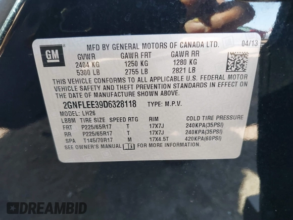 2013 Chevrolet Equinox LT with VIN 2GNFLEE39D6328118, listed as a IAAI auction lot 40096744 with 95,792 mi miles. Bid and sale history available at carsss.com. Image 9.