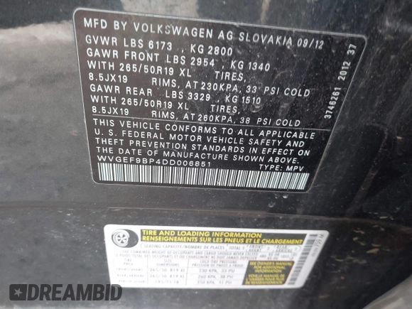 2013 Volkswagen Touareg Lux with VIN WVGEF9BP4DD006851, listed as a IAAI auction lot 41983791 with 115,551 mi miles and . Bid and sale history available at DreamBid. Image 9.