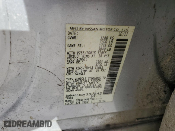 2013 Nissan Titan S with VIN 1N6AA0EJXDN302842, listed as a Copart auction lot 82298164 with 137,526 mi miles and Salvage Title. Bid and sale history available at carsss.com. Image 13.
