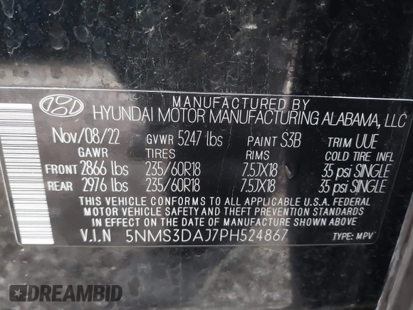 2023 Hyundai Santa Fe SEL with VIN 5NMS3DAJ7PH524867, listed as a IAAI auction lot 41993126 with 39,478 mi miles and . Bid and sale history available at DreamBid. Image 9.