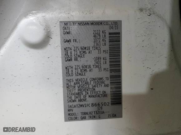 2015 Nissan Rogue SL with VIN 5N1AT2MV1FC866502, listed as a Copart auction lot 49497125 with 102,754 mi miles and Salvage Title. Bid and sale history available at carsss.com. Image 13.