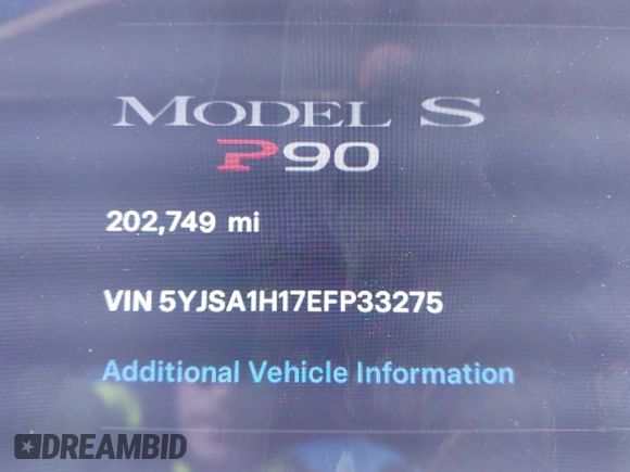 2014 Tesla Model S 60 with VIN 5YJSA1H17EFP33275, listed as a IAAI auction lot 41778167 with 202,749 mi miles and . Bid and sale history available at DreamBid. Image 15.