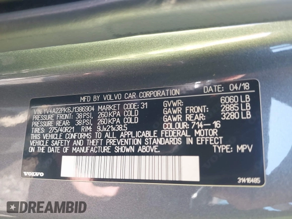 2018 Volvo XC90 Momentum with VIN YV4A22PK6J1386904, listed as a IAAI auction lot 41871000 with 58,955 mi miles. Bid and sale history available at carsss.com. Image 9.