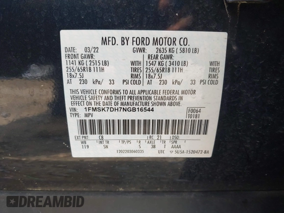 2022 Ford Explorer XLT с VIN 1FMSK7DH7NGB16544, выставлен на аукционе IAAI как лот 41549125 с пробегом 48 757 миль миль и . История ставок и продаж доступна на DreamBid. Изображение 9.