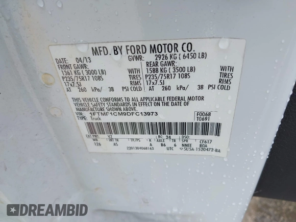 2013 Ford F-150 XL with VIN 1FTMF1CM9DFC13973, listed as a IAAI auction lot 42326721 with 209,911 mi miles and . Bid and sale history available at DreamBid. Image 9.