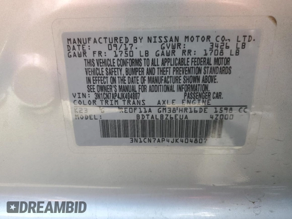 2018 Nissan Versa Sedan SV with VIN 3N1CN7AP4JK404807, listed as a Copart auction lot 53169255 with 66,702 mi miles and Salvage Title. Bid and sale history available at carsss.com. Image 12.