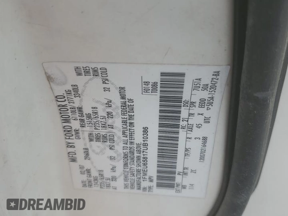 2007 Ford Explorer Limited с VIN 1FMEU65817UB10386, выставлен на аукционе Copart как лот 49326335 с пробегом Не указан миль и Чистый • Clean title. История ставок и продаж доступна на DreamBid. Изображение 13.