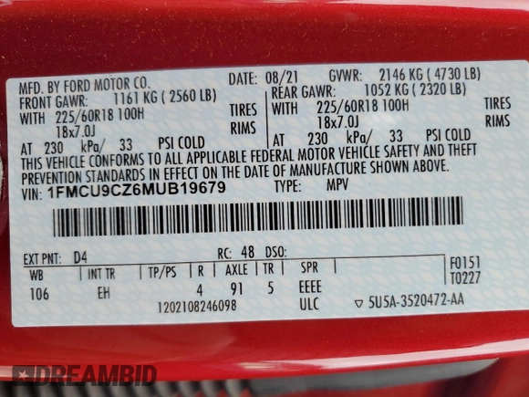 2021 Ford Escape SEL Hybrid with VIN 1FMCU9CZ6MUB19679, listed as a Copart auction lot 53336115 with Not provided miles and Clean title. Bid and sale history available at DreamBid. Image 13.