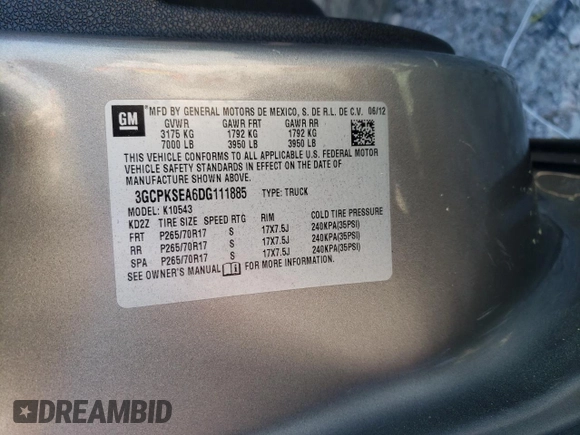 2013 Chevrolet Silverado 1500 LT with VIN 3GCPKSEA6DG111885, listed as a Copart auction lot 52226905 with 158,209 mi miles and Salvage Title. Bid and sale history available at DreamBid. Image 12.