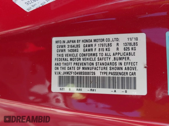 2011 Honda CR-Z with VIN JHMZF1D49BS008726, listed as a IAAI auction lot 42009305 with 138,792 mi miles and . Bid and sale history available at DreamBid. Image 9.
