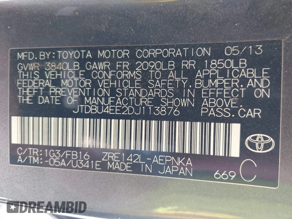 2013 Toyota Corolla L with VIN JTDBU4EE2DJ113876, listed as a IAAI auction lot 42044548 with 232,500 mi miles. Bid and sale history available at carsss.com. Image 9.