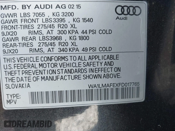 2015 Audi Q7 Premium Plus with VIN WA1LMAFEXFD017765, listed as a IAAI auction lot 41668717 with 134,180 mi miles and . Bid and sale history available at DreamBid. Image 9.