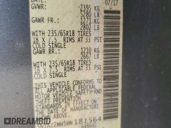 2017 Nissan Murano SL z VIN 5N1AZ2MH5HN181564, wystawiony jako Copart lot #59468625 z przebiegiem 134 790 mil mil oraz Szkoda całkowita • Salvage title. Historia ofert i sprzedaży dostępna na DreamBid. Obrazek 14.