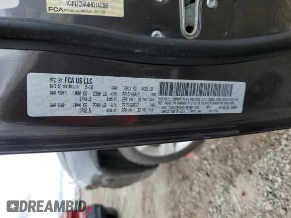2017 Jeep Compass Sport SE with VIN 1C4NJCBA4HD146366, listed as a Copart auction lot 53088095 with 144,309 mi miles and Salvage title. Bid and sale history available at DreamBid. Image 12.